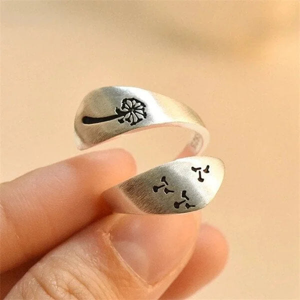 Unisex Adjustable Ring - Hand-Carved Dandelion Design - Matte Finish Elegant Jewelry