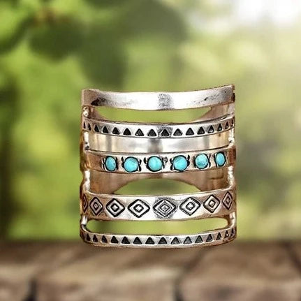 Women's Wide Cuff Ring - Bohemian Geometric Design - Metal with Stone Inlay