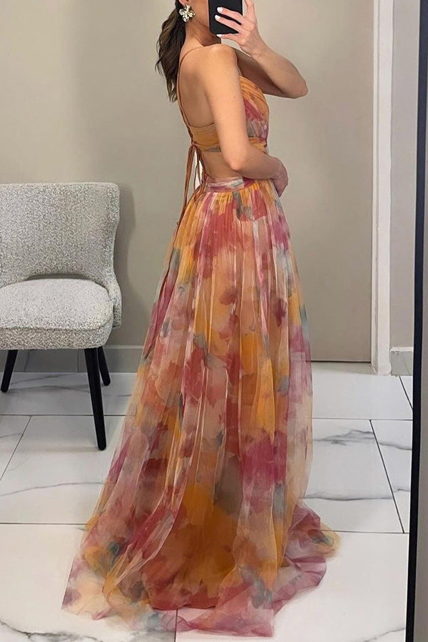 Painted Floral Print V-Neck A-Line Maxi Dress