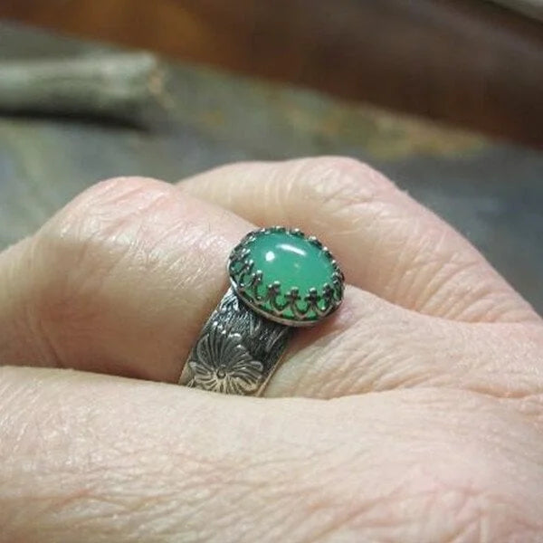 Unisex Statement Ring - Engraved Metal Band - Ornate Floral Design - Gemstone Setting