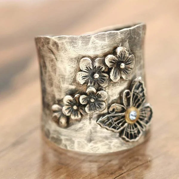 Women's Wide Cuff Bracelet - Hammered Metal - Floral & Butterfly Design - Gemstone Accent