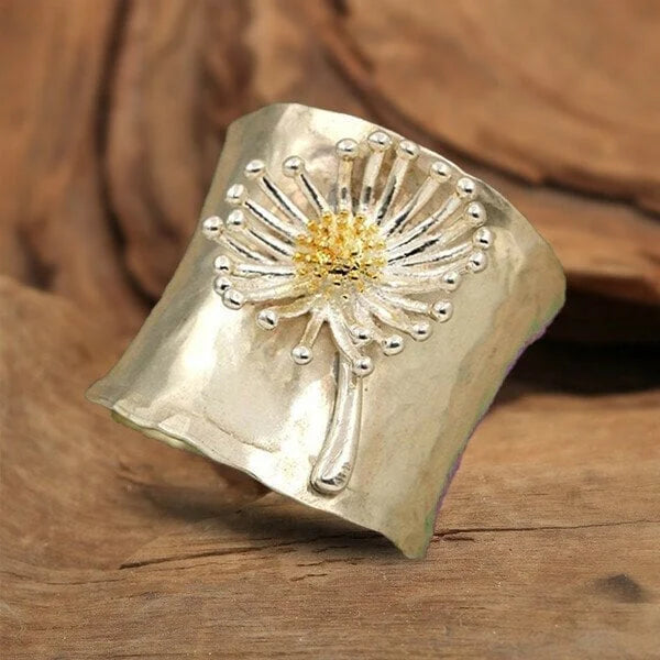 Women's Wide Band Ring - Hammered Texture - Embossed Dandelion Design - Nature Inspired
