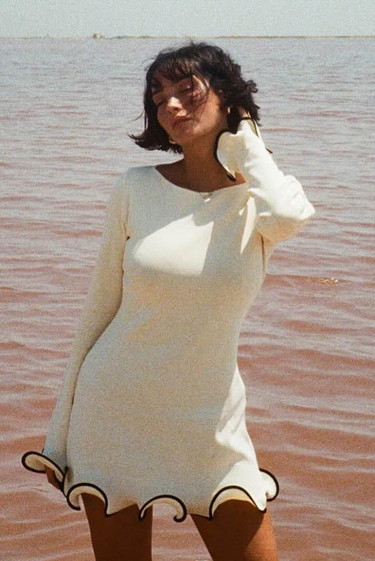 French-Inspired Ruffle Edge Knit Mini Dress