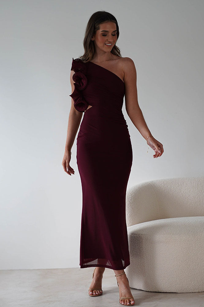 Statement Floral One-Shoulder Fitted Midi Dress