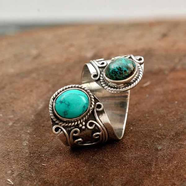 Unisex Wrap Ring - Adjustable Boho Vintage Style - Dual Oval Stone Statement Jewelry