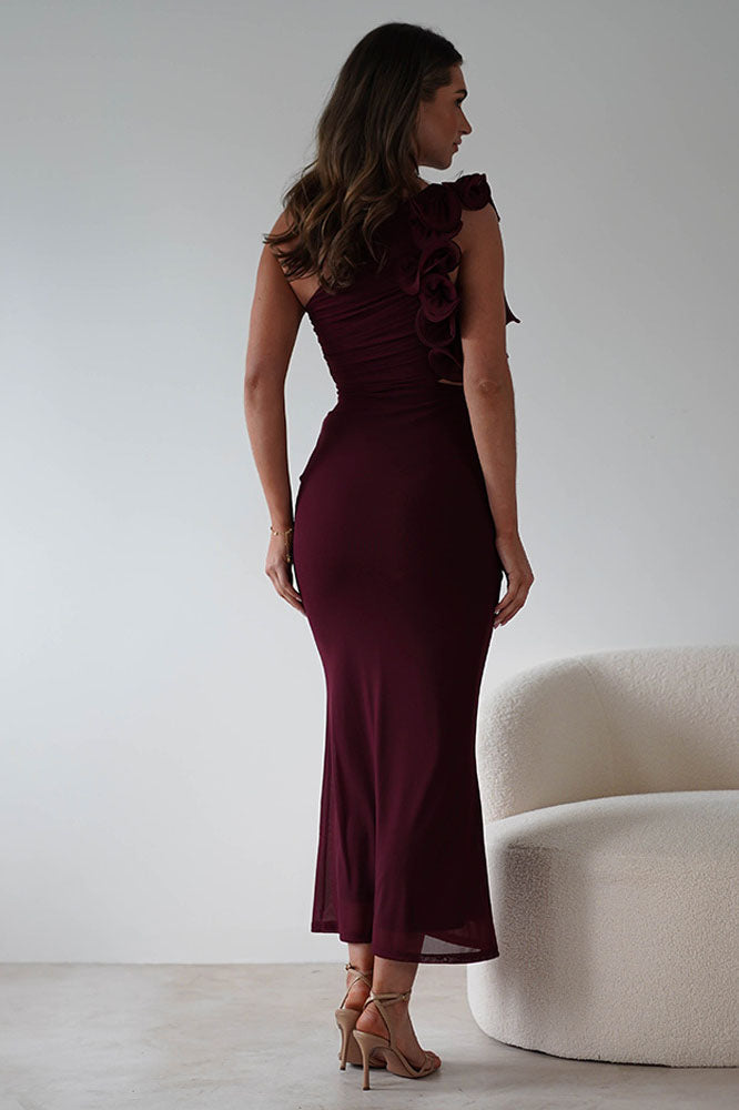 Statement Floral One-Shoulder Fitted Midi Dress