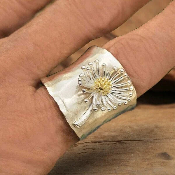 Women's Wide Band Ring - Hammered Texture - Embossed Dandelion Design - Nature Inspired