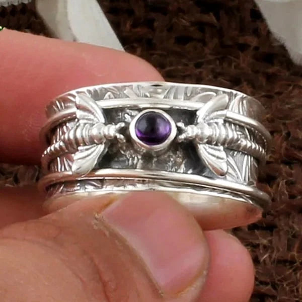 Women's Bee Ring - Metal Wide Band - Engraved Nature-Inspired Design - Gemstone Accent