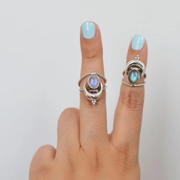 Oval rainbow moonstone moon phase ring