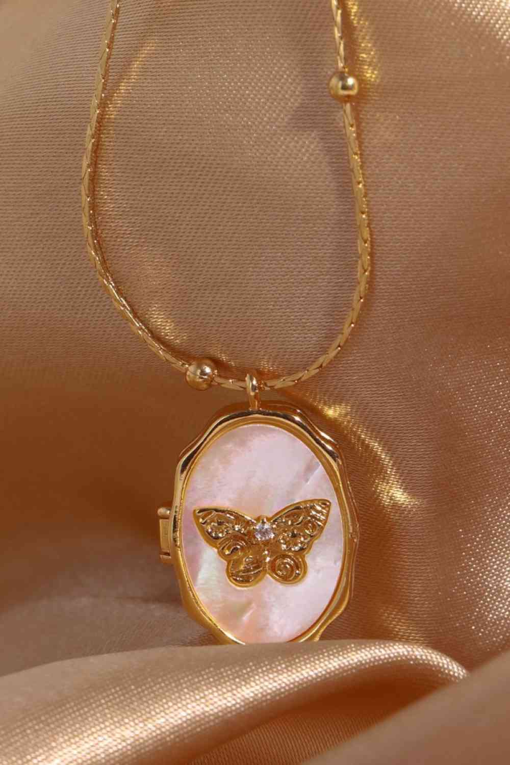 Women’s Pendant Necklace – Butterfly Locket – Sparkling Stones – Iridescent Finish