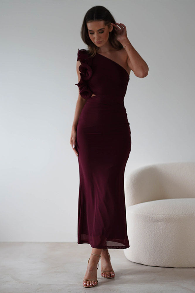 Statement Floral One-Shoulder Fitted Midi Dress