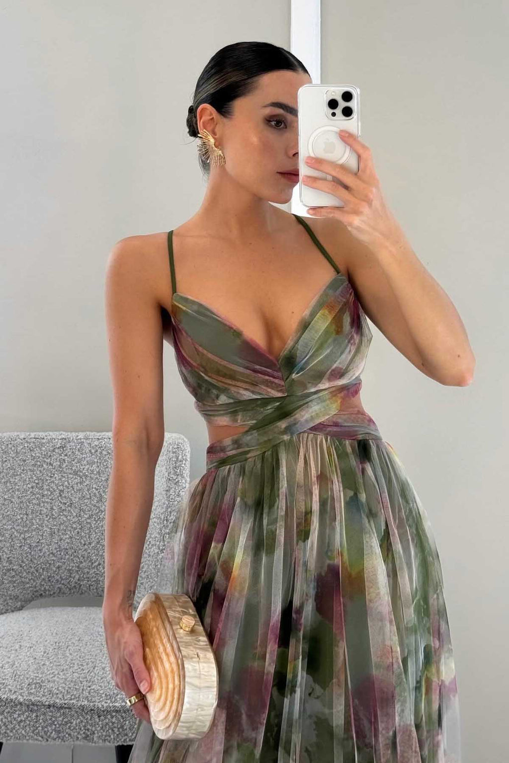 Painted Floral Print V-Neck A-Line Maxi Dress
