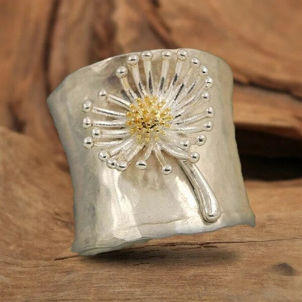 Women's Wide Band Ring - Hammered Texture - Embossed Dandelion Design - Nature Inspired