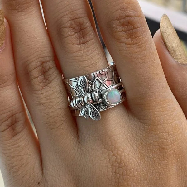 Unique bee gemstone meditation spinner ring
