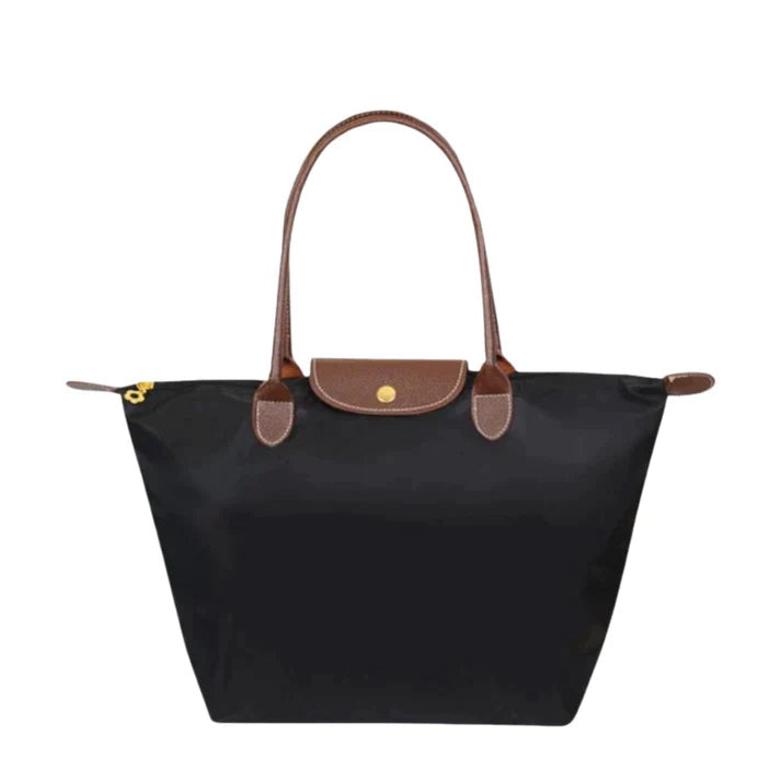 Women's Tote Bag - Nylon Water-Resistant - Leather Handles & Flap - Zipper Closure