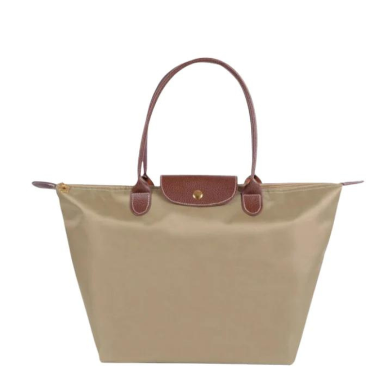 Women's Tote Bag - Nylon Water-Resistant - Leather Handles & Flap - Zipper Closure