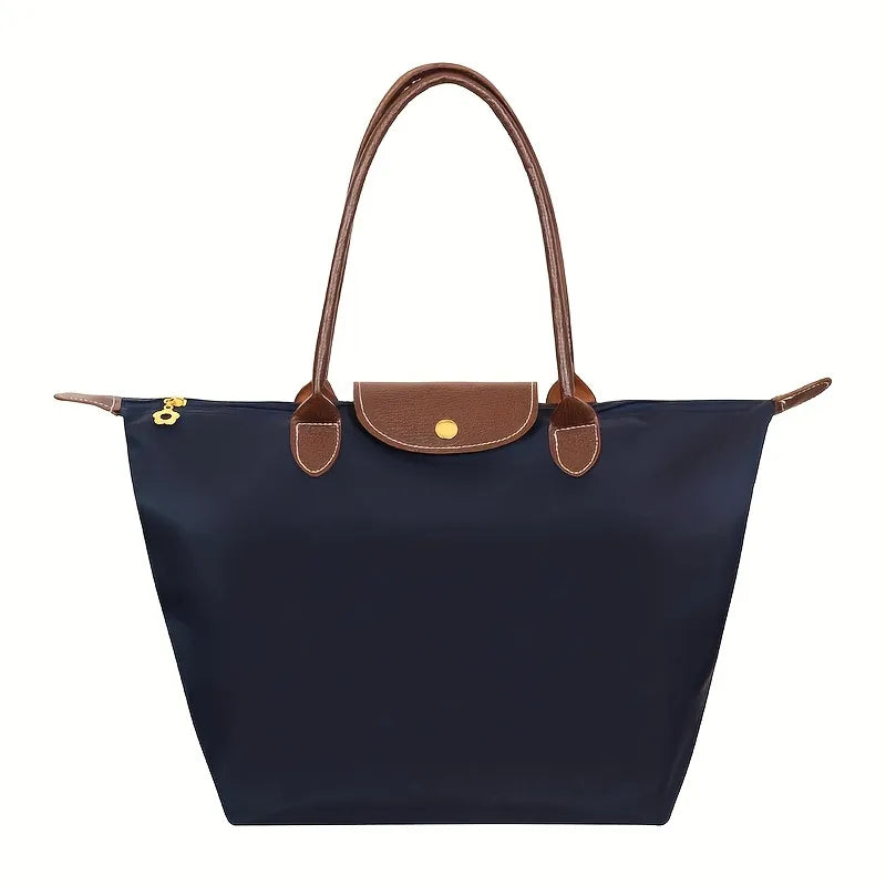 Women's Tote Bag - Nylon Water-Resistant - Leather Handles & Flap - Zipper Closure