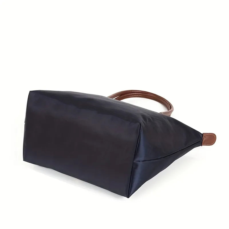 Women's Tote Bag - Nylon Water-Resistant - Leather Handles & Flap - Zipper Closure
