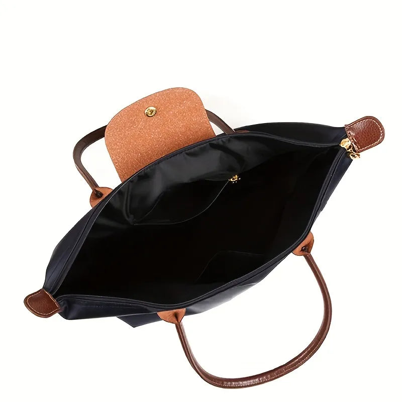 Women's Tote Bag - Nylon Water-Resistant - Leather Handles & Flap - Zipper Closure