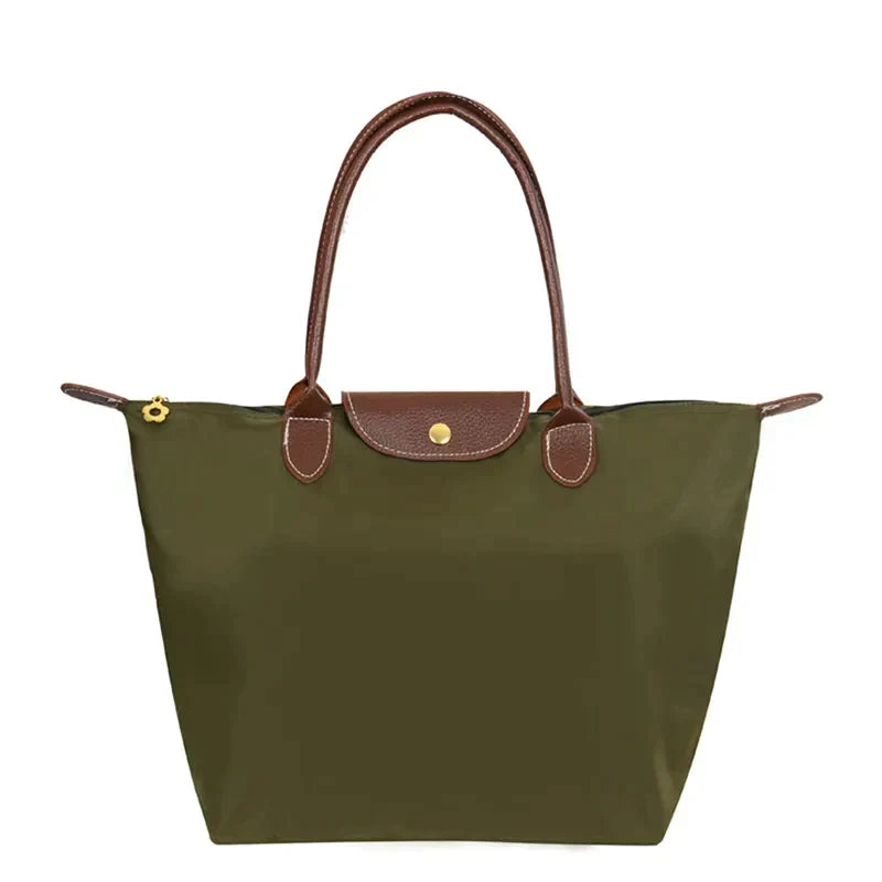 Women's Tote Bag - Nylon Water-Resistant - Leather Handles & Flap - Zipper Closure