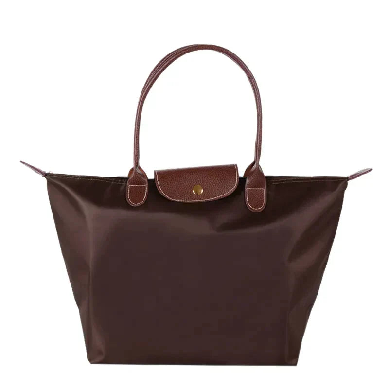 Women's Tote Bag - Nylon Water-Resistant - Leather Handles & Flap - Zipper Closure