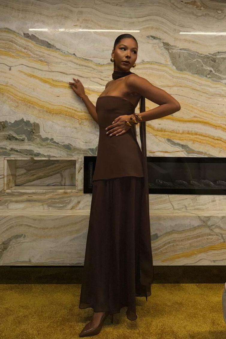 Strapless Halter Tie-Back Maxi Dress with Flowing Ribbons