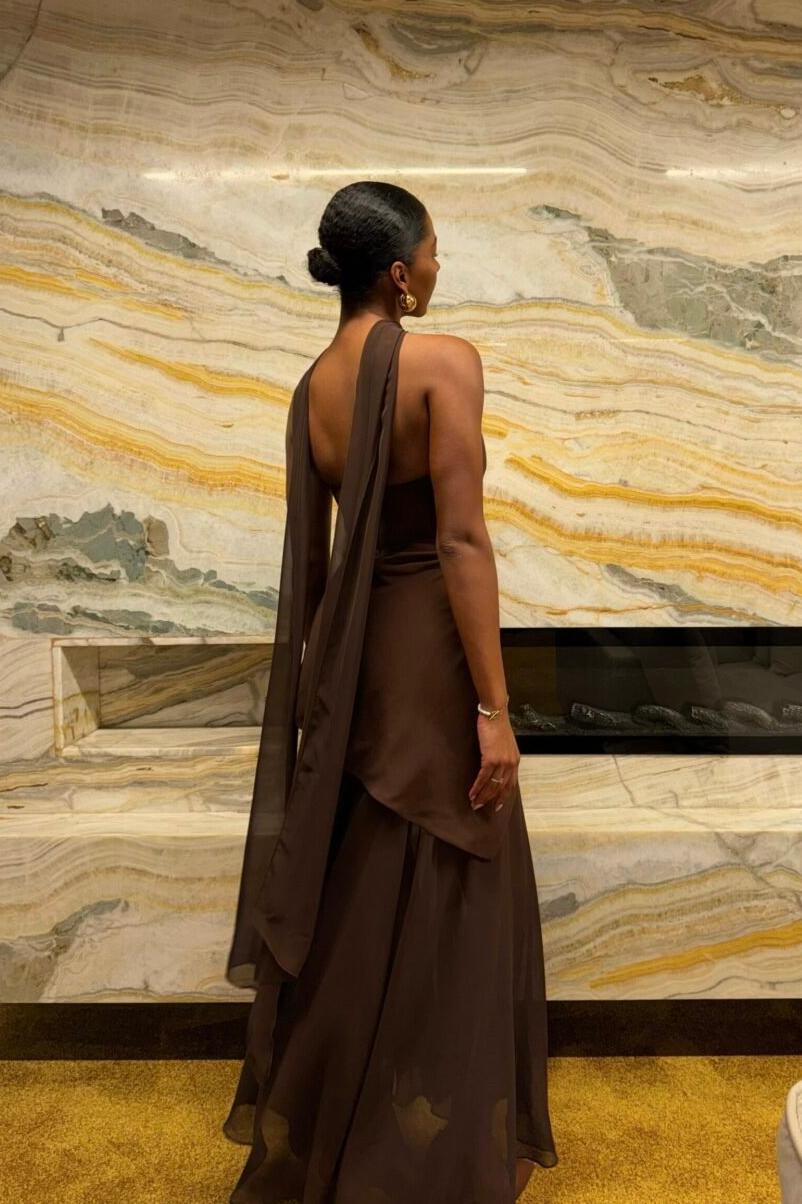 Strapless Halter Tie-Back Maxi Dress with Flowing Ribbons