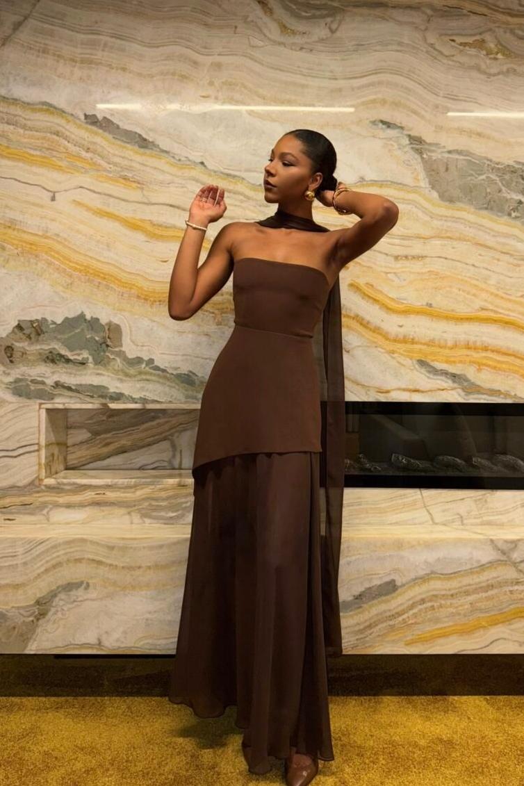Strapless Halter Tie-Back Maxi Dress with Flowing Ribbons