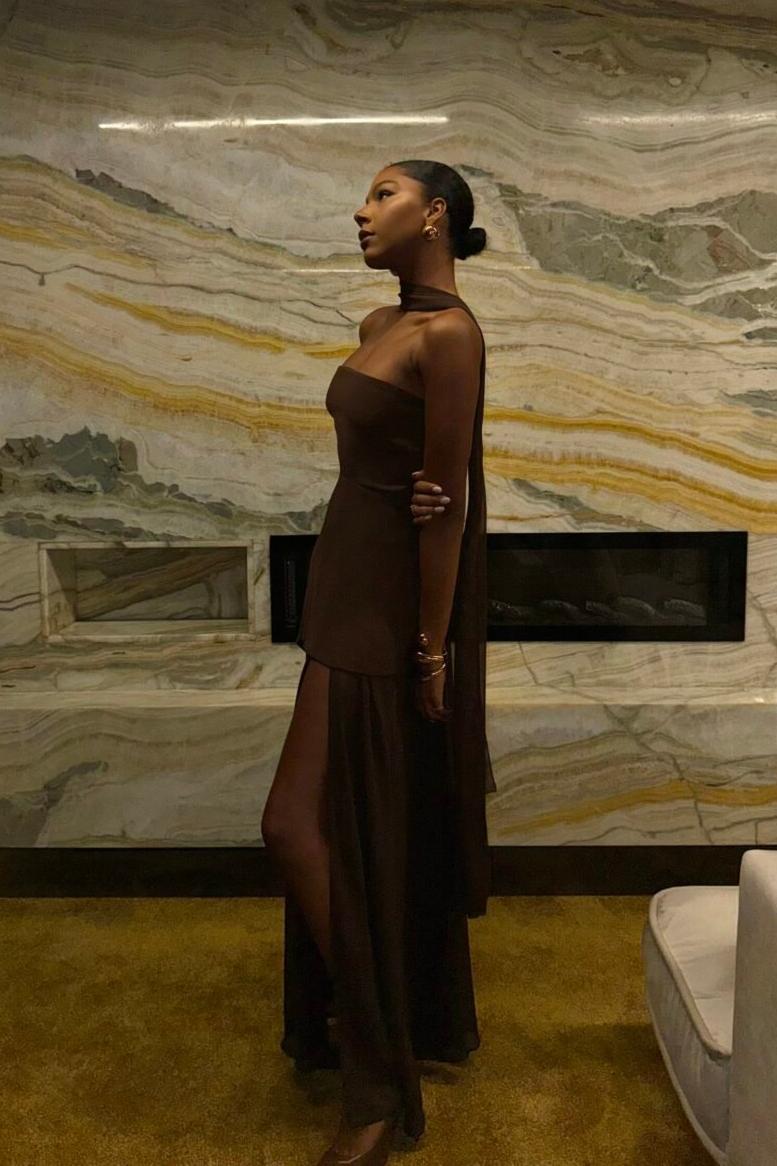 Strapless Halter Tie-Back Maxi Dress with Flowing Ribbons