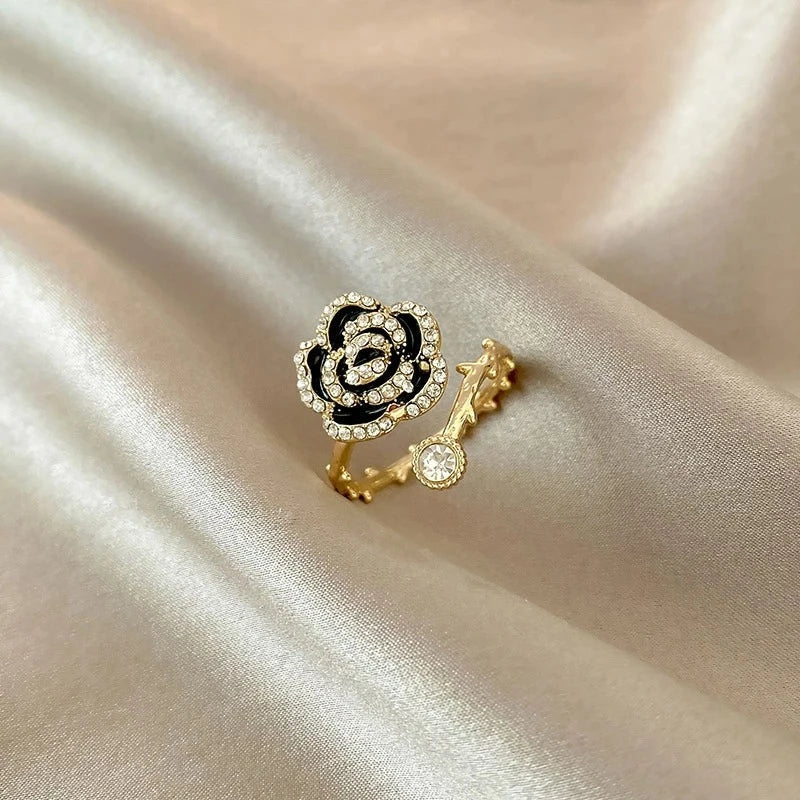 Women's Floral Ring - Elegant Rose Design - Crystal Embellished - Adjustable Fit