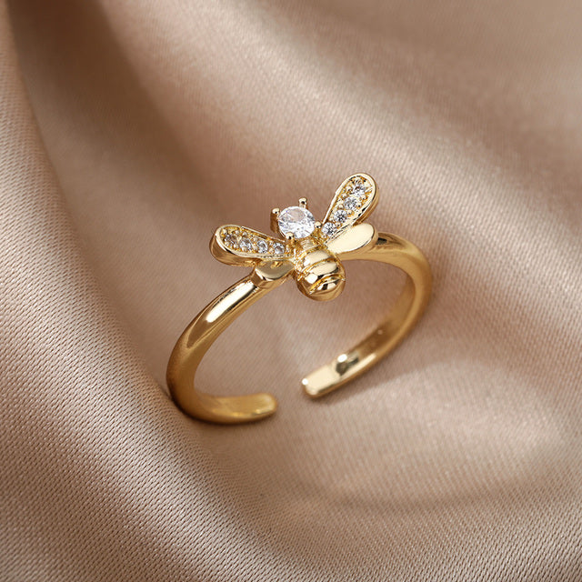Women's Adjustable Ring - Bee Motif - Sparkling Stone Embellishment - Polished Finish