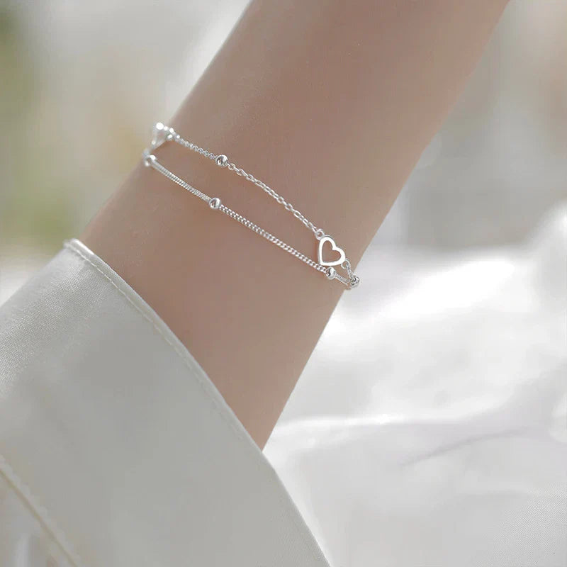 Women's Double-Layer Bracelet - Adjustable Fit - Heart Charm & Beaded Design