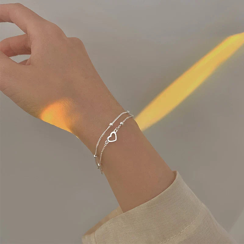 Women's Double-Layer Bracelet - Adjustable Fit - Heart Charm & Beaded Design