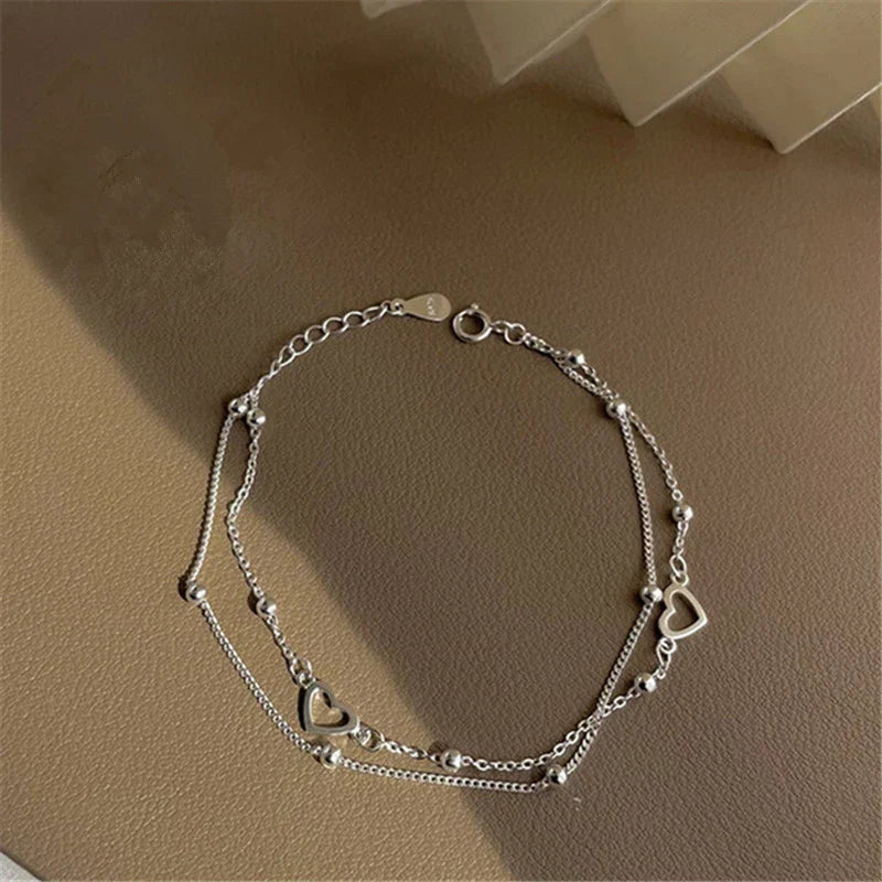 Women's Double-Layer Bracelet - Adjustable Fit - Heart Charm & Beaded Design