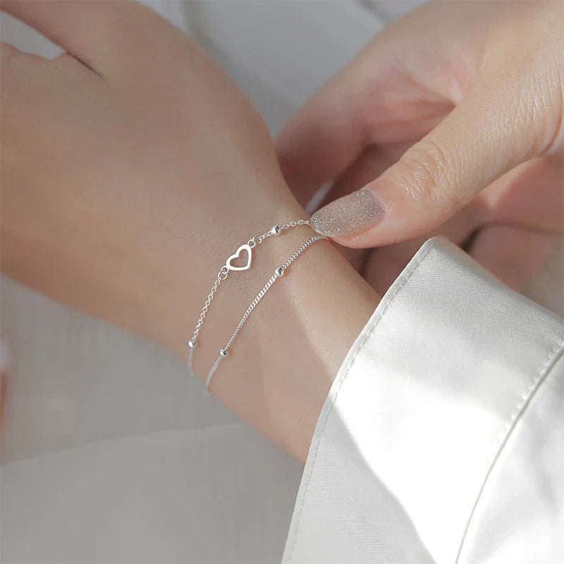 Women's Double-Layer Bracelet - Adjustable Fit - Heart Charm & Beaded Design