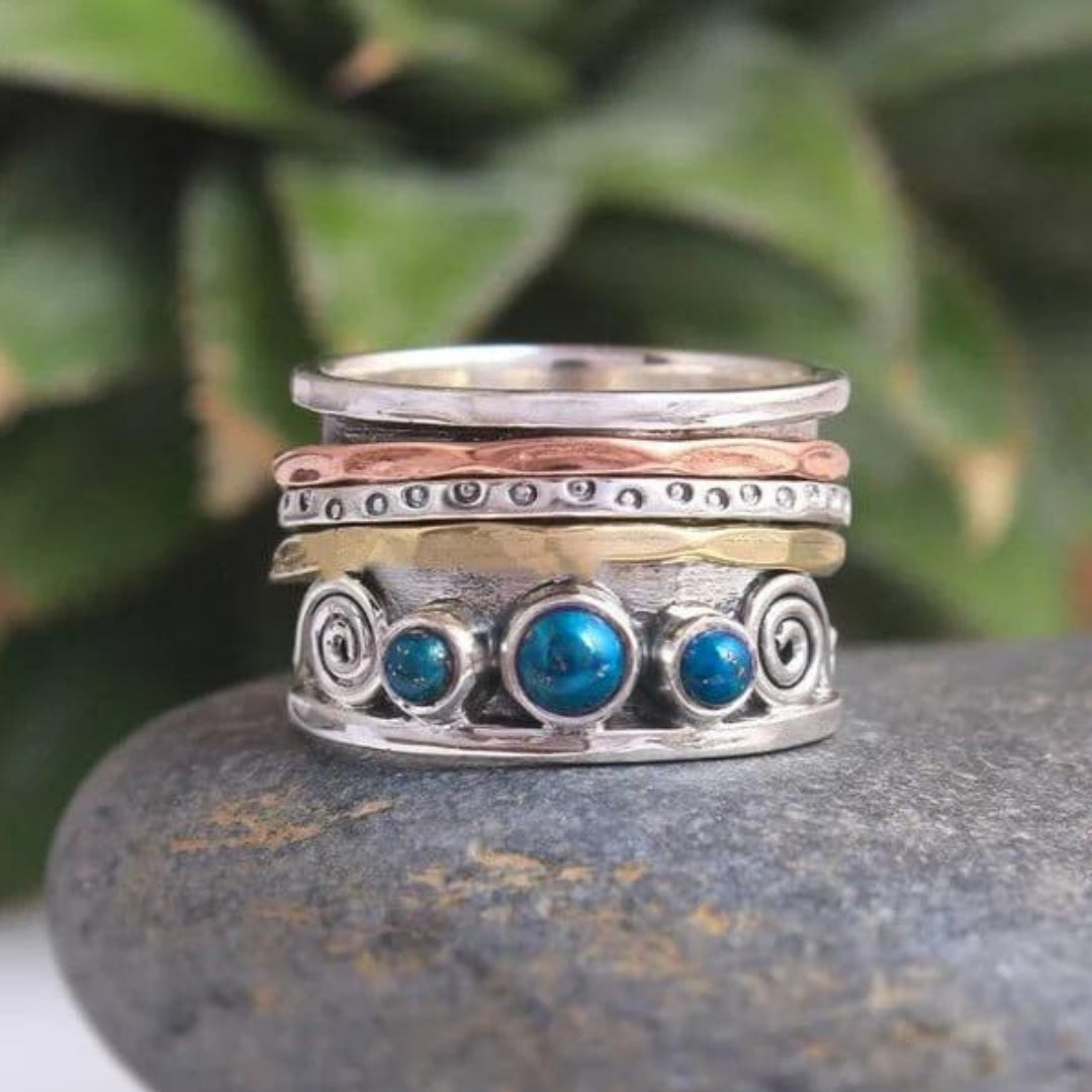 Women's Stacking Ring - Sterling Silver Mixed Metal - Bohemian Textured Bands - Gemstone Accent