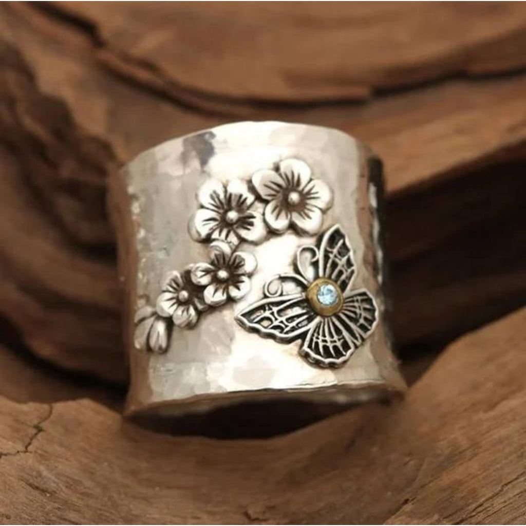 Women's Wide Cuff Bracelet - Hammered Metal - Floral & Butterfly Design - Gemstone Accent