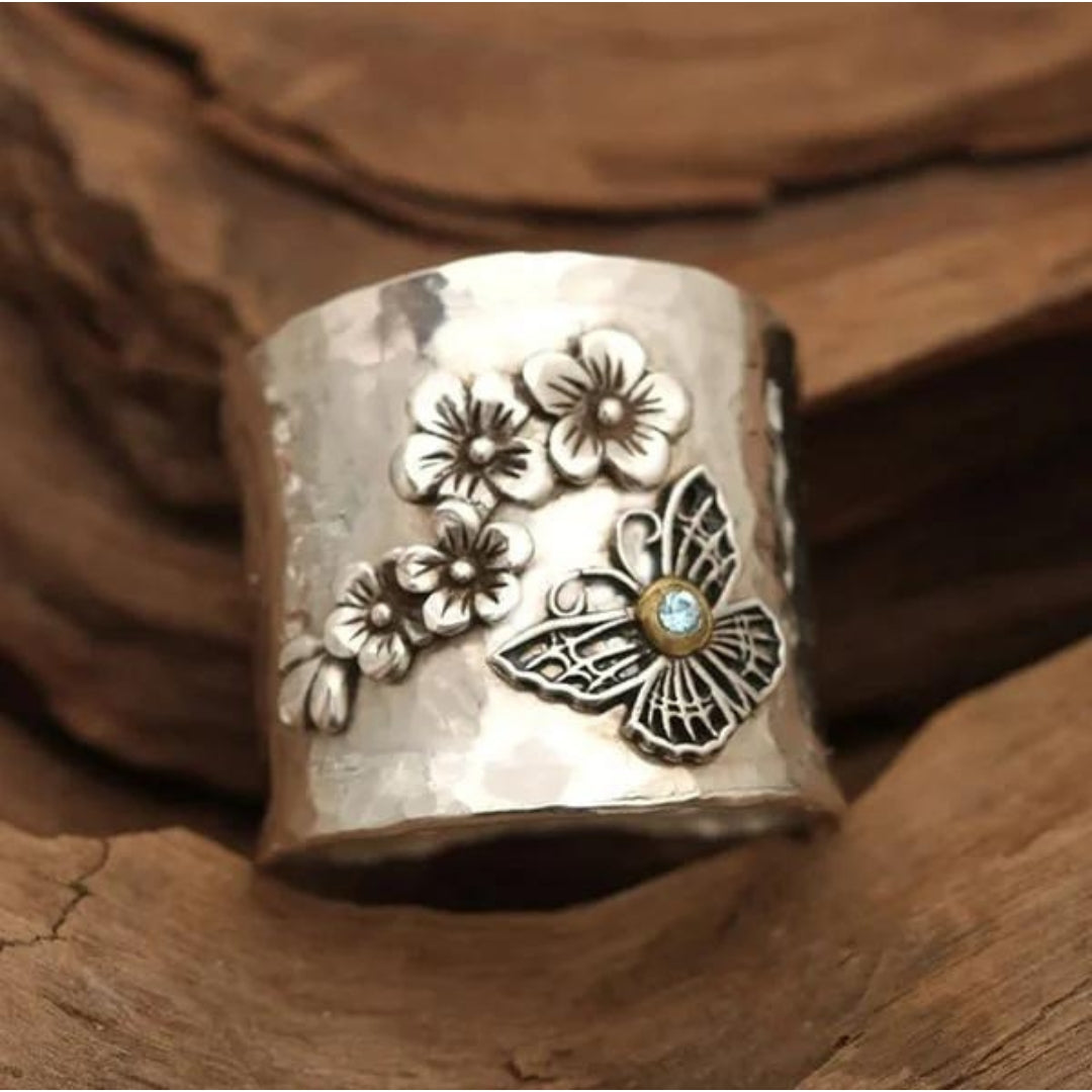 Women's Wide Cuff Bracelet - Hammered Metal - Floral & Butterfly Design - Gemstone Accent