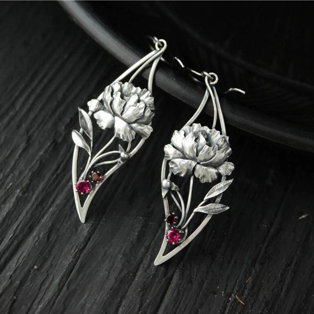 Women's Earrings - Sterling Silver Floral Design - Gemstone Accents - Elegant Drop Style