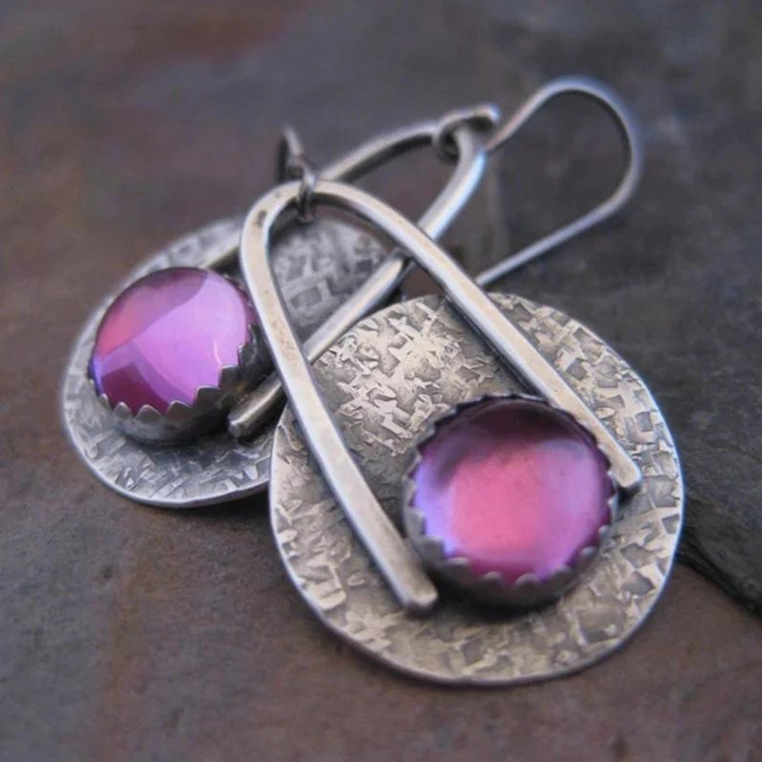 Women's Boho Earrings - Textured Metal with Gem Accent - Hook Fastening Unique Design