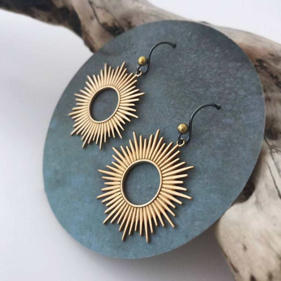 Women's Sunburst Earrings - Statement Metal Design - Hook Closure - Boho Style