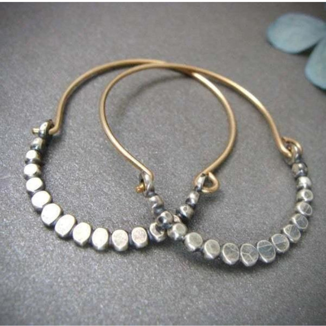 Women’s Hoop Earrings - Textured Beaded Design - Lightweight Metal - Hook Closure