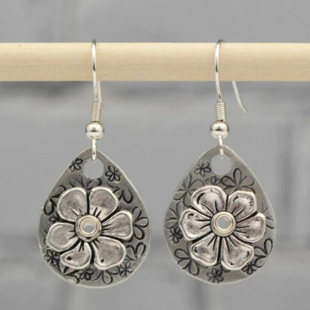 Women's Dangle Earrings - Teardrop Shape - Floral Embossed Metal - Artisan Style