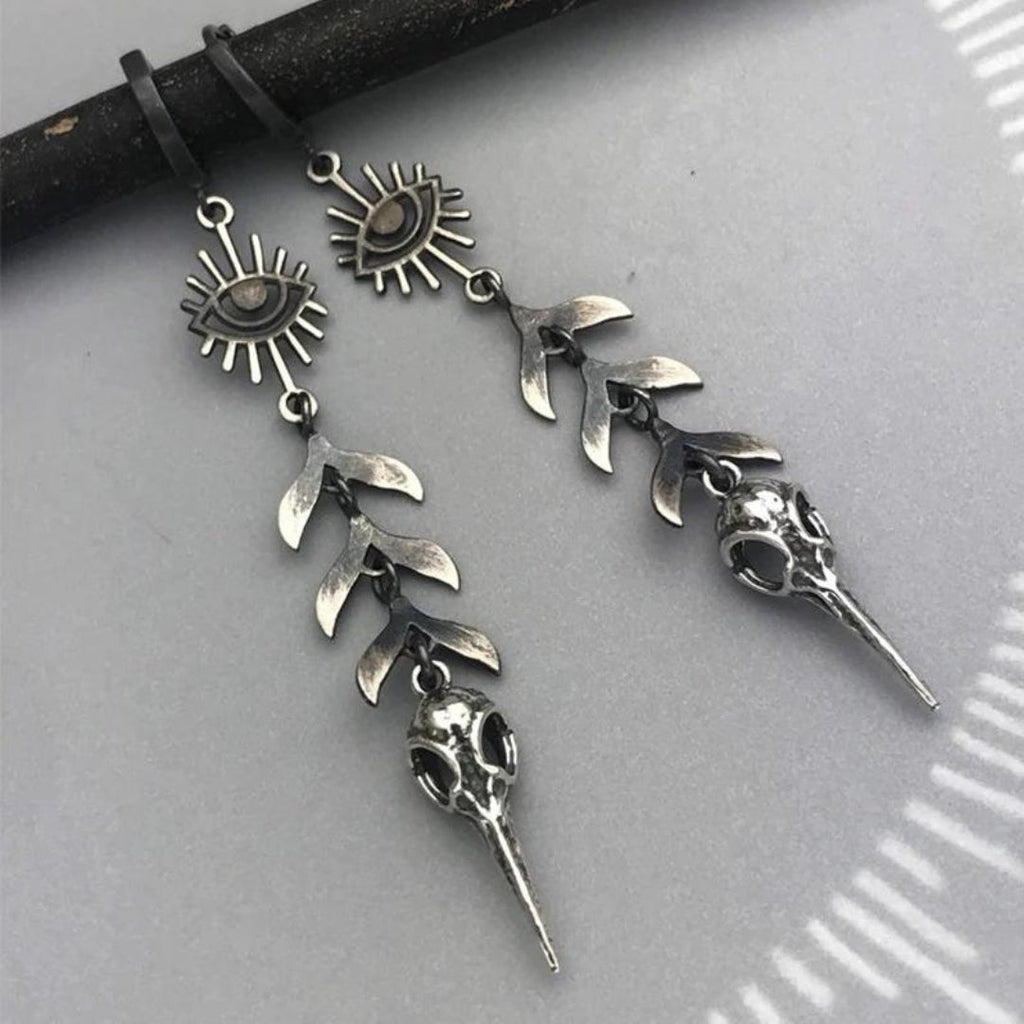 Unisex Dangle Earrings - Mystical Eye & Bird Skull - Gothic Statement Jewelry