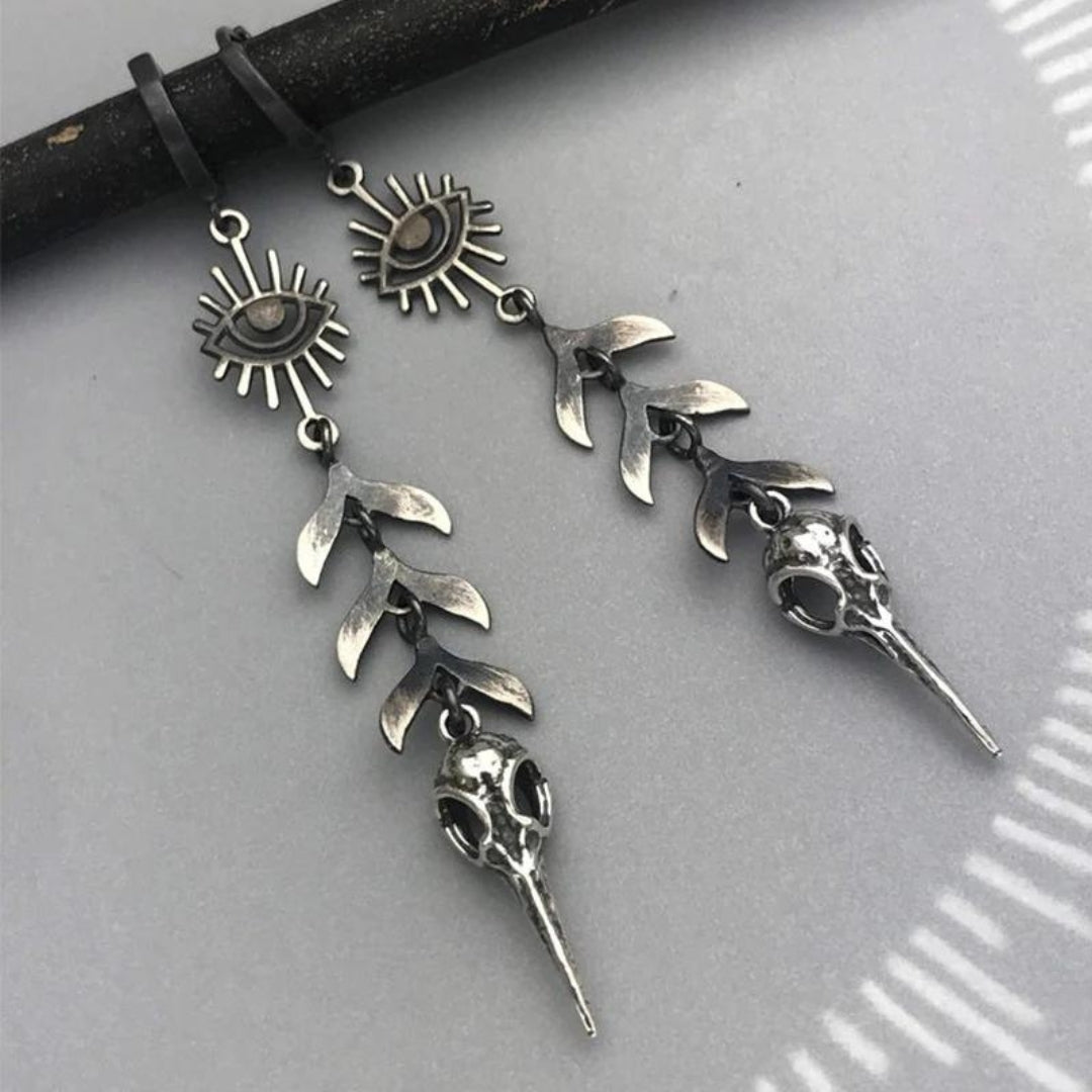 Unisex Dangle Earrings - Mystical Eye & Bird Skull - Gothic Statement Jewelry