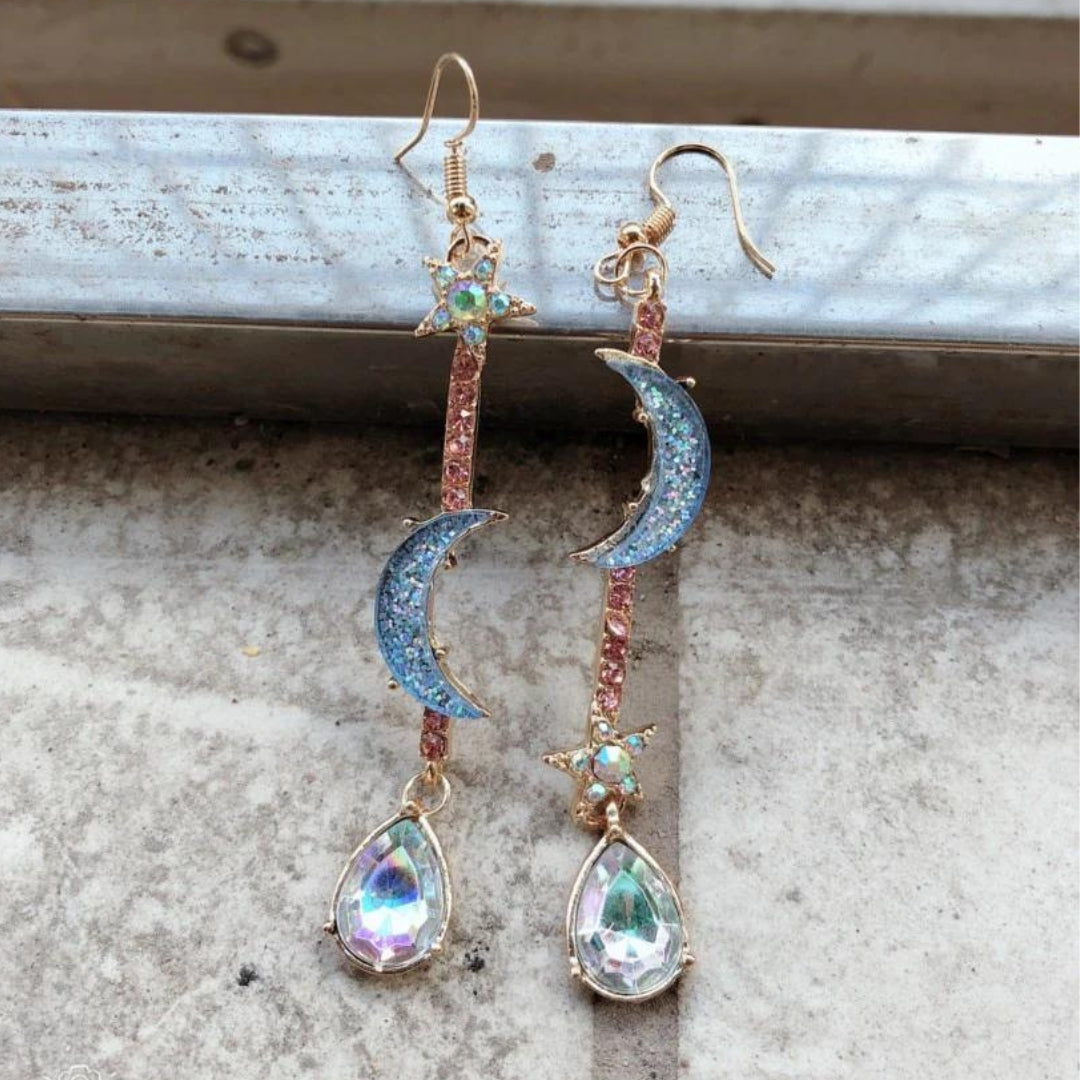 Women's Dangle Earrings - Crescent Moon & Star Design - Crystal Teardrop Charm