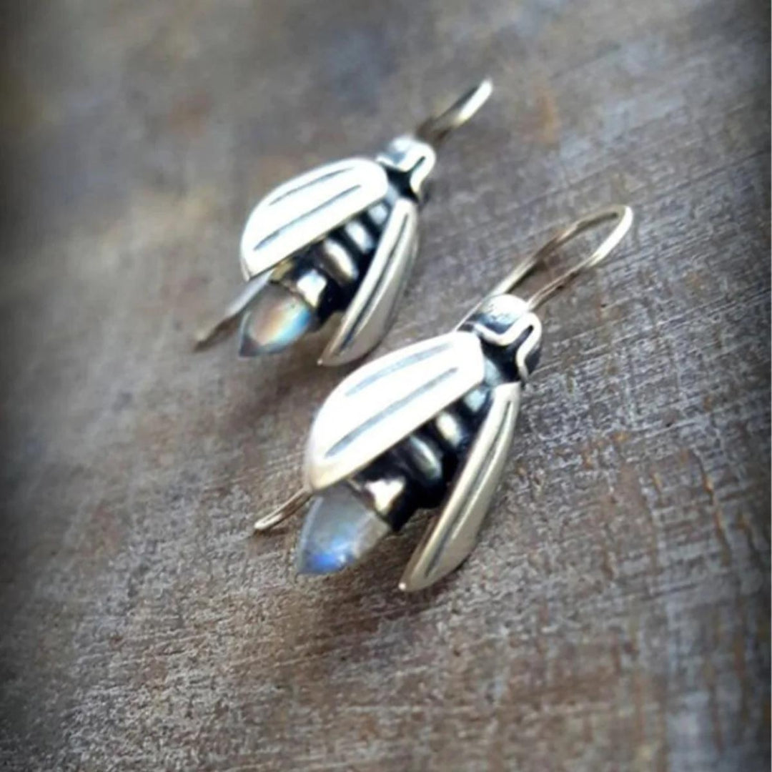 Women's Bee Earrings - Intricate Metal Design - Polished Stone Accent - Hook Fastening