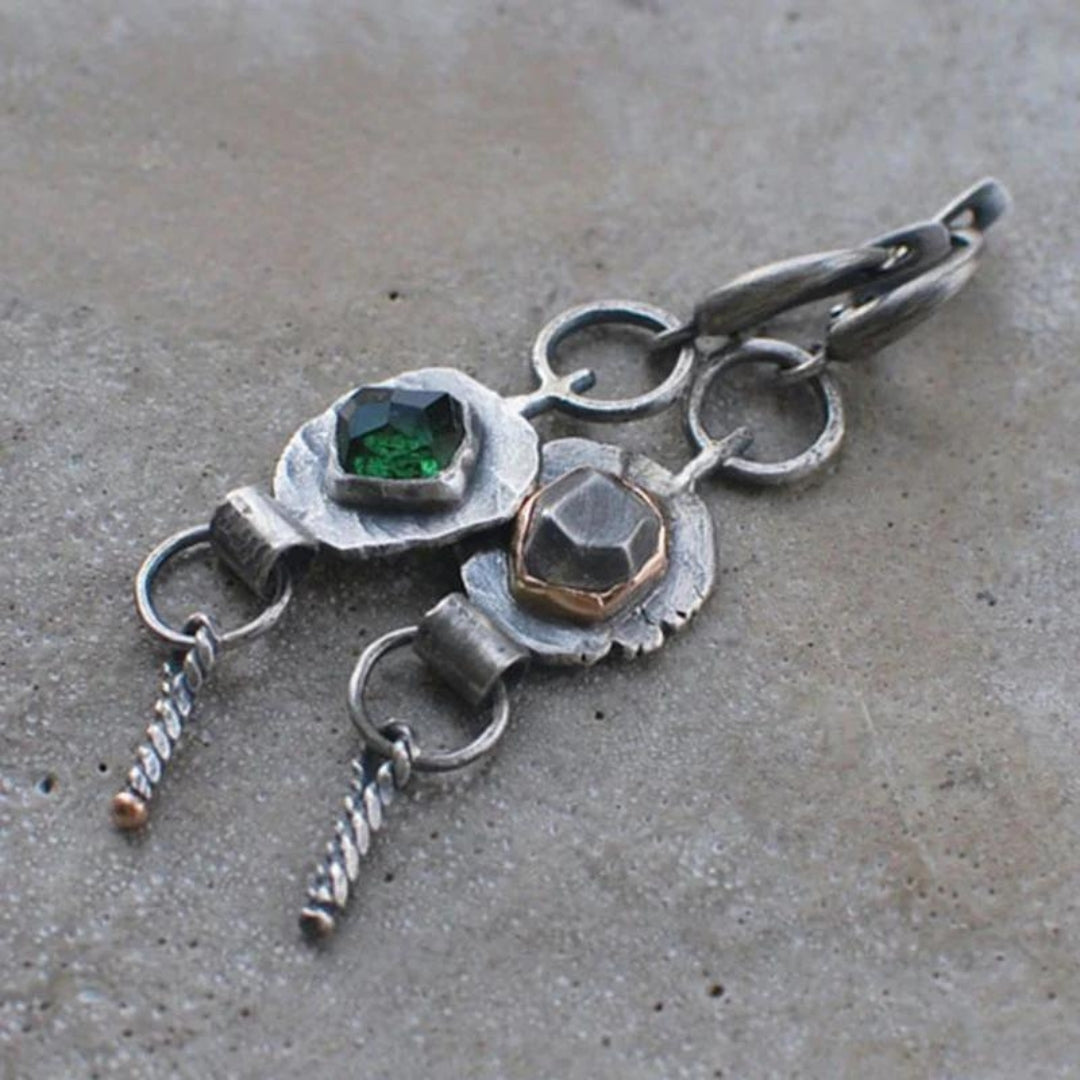 Women's Dangle Earrings - Handcrafted Boho Design - Mixed Metal - Gemstone Accents