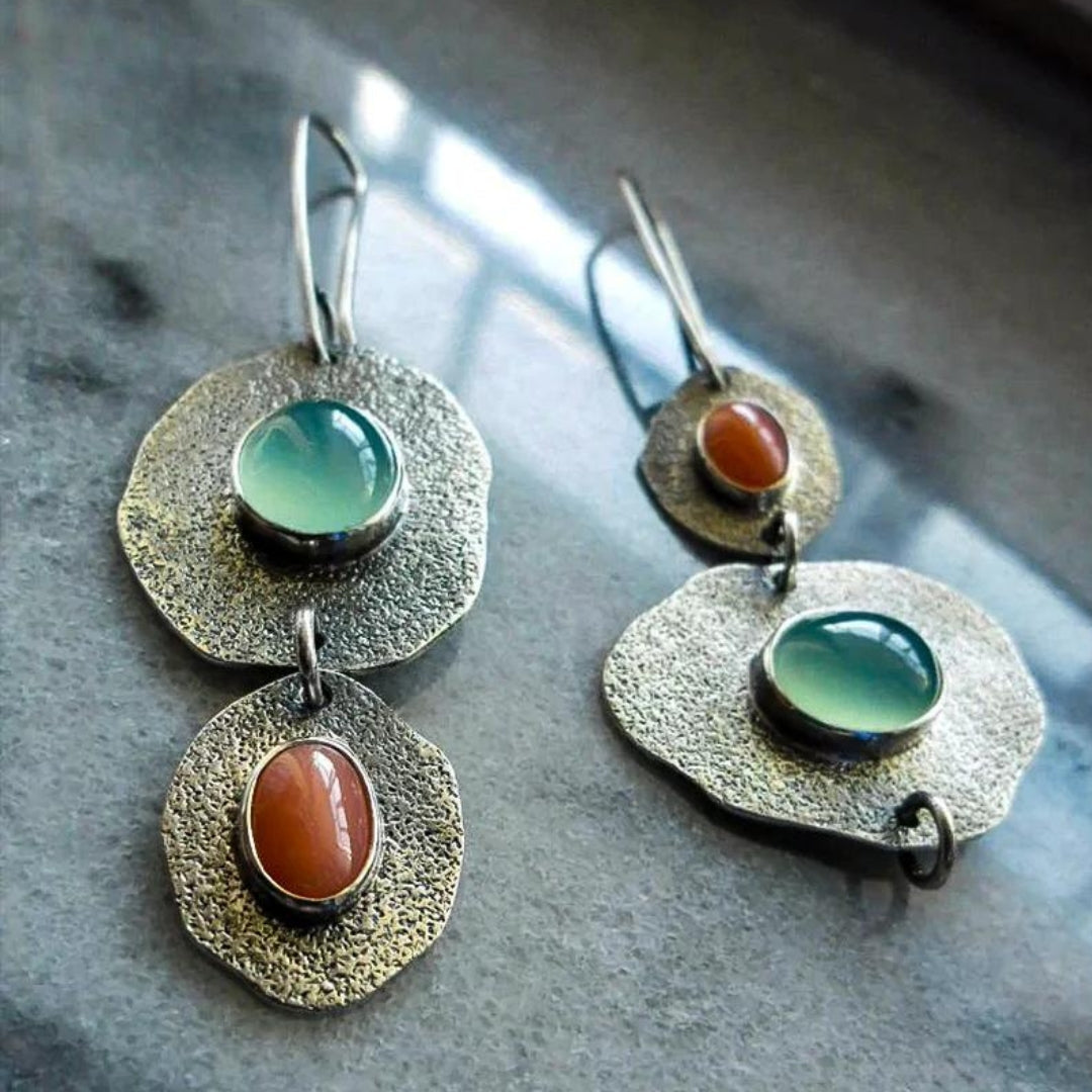 Women’s Dangle Earrings – Double Disc Design – Cabochon Stone – Handcrafted Look