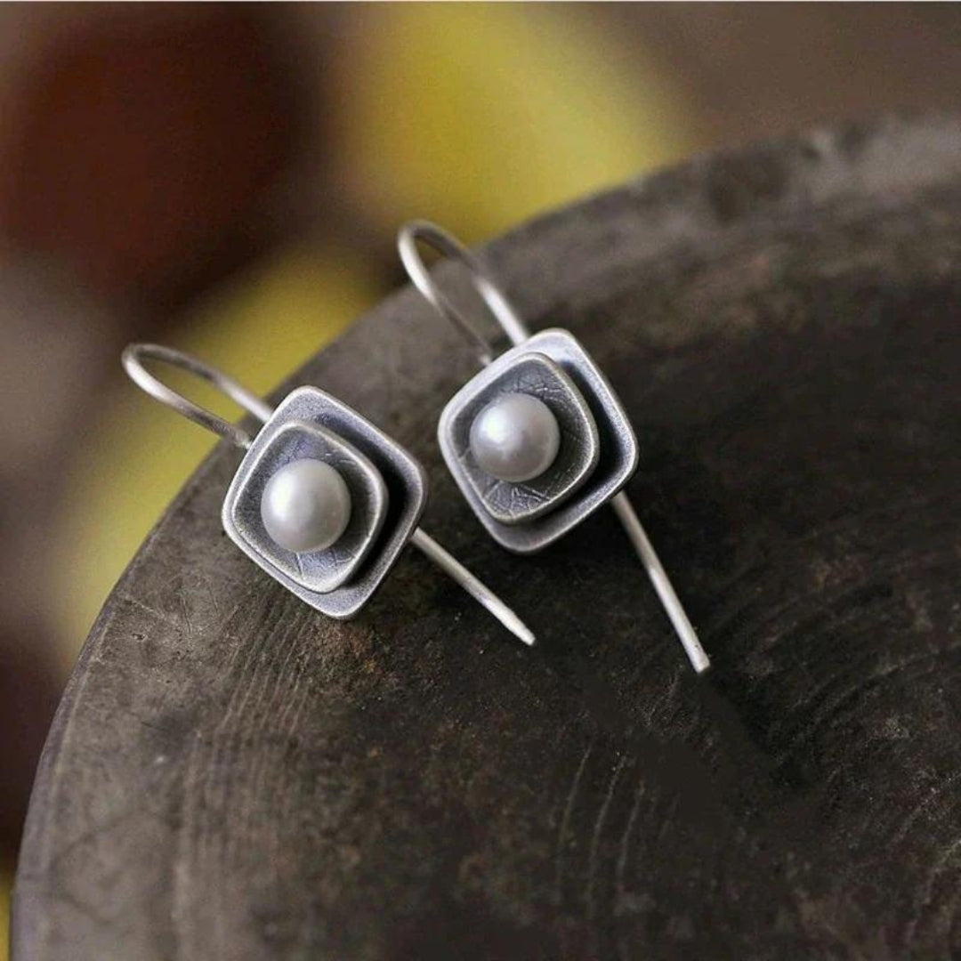 Women's Dangle Earrings - Geometric Layered Metal - Elegant Pearl Accent
